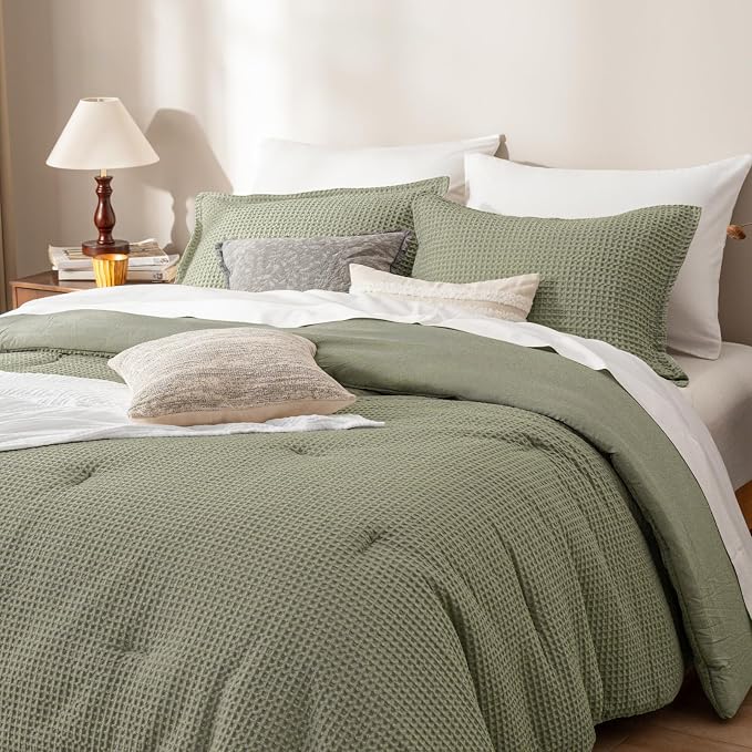 PHF Ultra Soft Waffle Weave Comforter Set King Size, 3 Pieces Lightweight Breathable Comfy Bedding Set, Comfy Textured 1 Comforter with 2 Pillow Shams, Dusty Sage