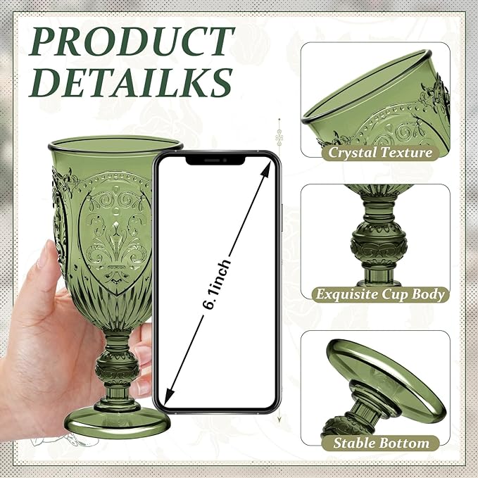 24 Pcs Plastic Goblets 7.5oz Vintage Goblet Plastic Wine Glasses Colored Retro Embossed Water Goblets for Wine Bar Juice Baby Shower Wedding Reception Grand Event Party (Olive Green)