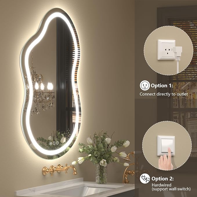 Irregular Backlit Bathroom Mirror with Lights 20x36 Inch, Asymmetrical Cloud-Shaped Led Lighted Vanity Mirror, Fogless, Dimmable, Shatterproof, Memory (Horizontal/Vertical)