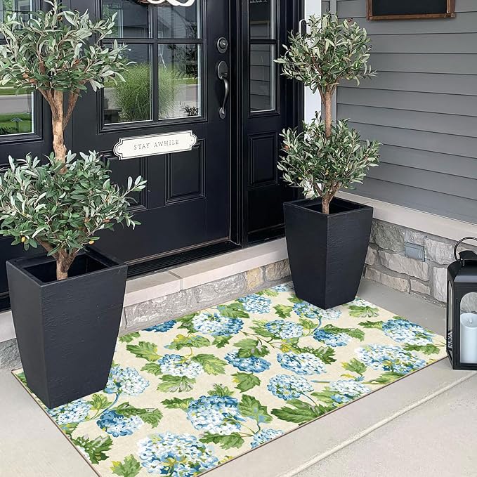 Front Door Mat Indoor Entrance - 2x4.3 Ft Spring Washable Layered Doormat Outdoor Entrance Porch Rug Non-Slip Light Blue Green Floral Runner Rug for Kitchen Bedroom Laundry Room Porch Decor