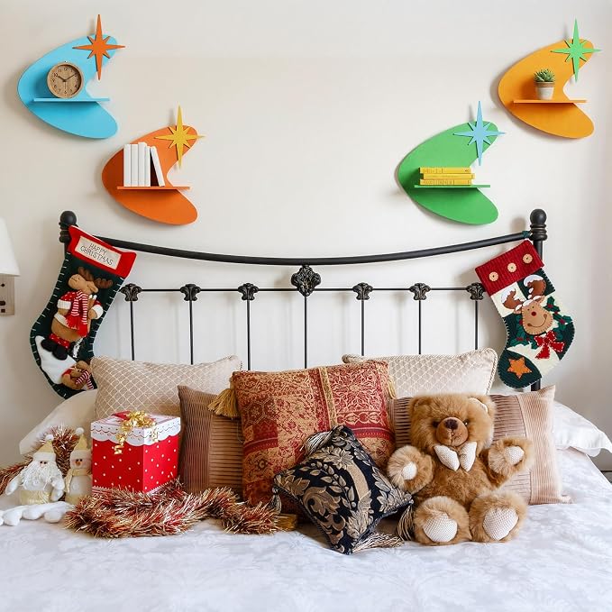 Threehoney Mid-Century Modern Wall Set of 4 Colorful Floating Display Shelves Retro Style Starburst Wall Mounted Shelves Storage for Bedroom, Living Room Decor(Star-Shaped Burst)