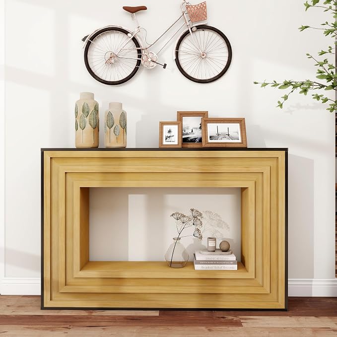 Wood Console Table, 47.24" Retro Long Boho Sofa Table Behind Couch with Layered Wood Frame and Black Top, Wooden Narrow Sofa Table Hall Table for Living Room Foyer Entrance Entryway, Natural