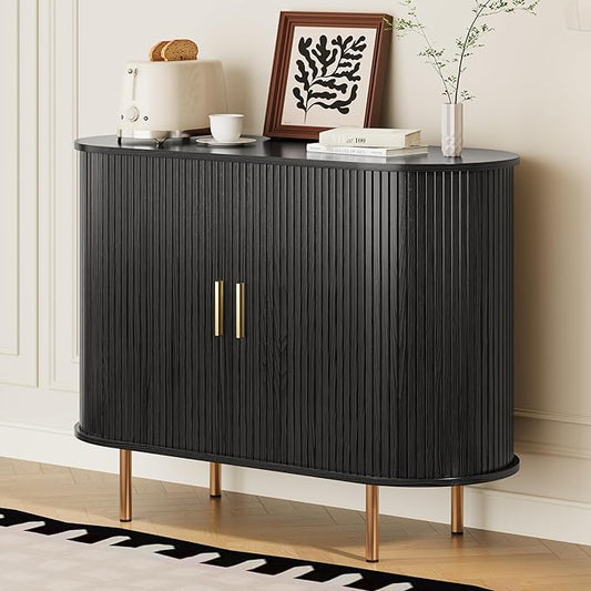 DHH Sideboard Buffet Cabinet with Storage,Mid Century Modern Fluted Accent Coffee Bar Console Table,Tambour Sliding Doors& Adjustable Shelf for Kitchen, Living Room, Entryway (Black, 40 Inch)