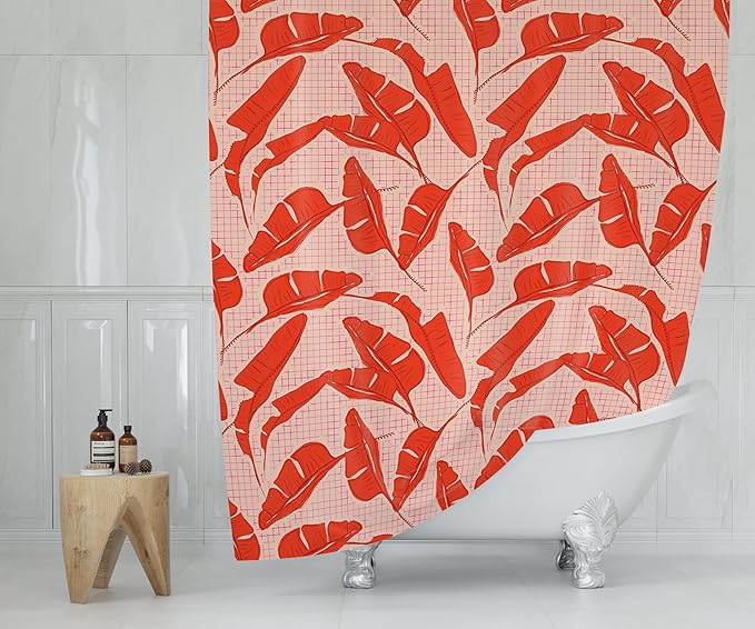 Pink Red Banana Leaf Print Shower Curtain - Tropical Palm Pattern - Modern Maximalist Home Decor - Bold Colorful Hotel Style Fabric Shower Curtain For Any Bathroom - 72x72 Inches (Red Palms)