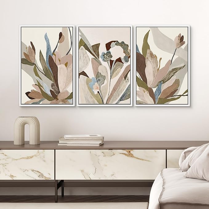 SIGNWIN Framed Canvas Print Wall Art Set Botanical Abstract Earthy Neutral Floral Illustrations Modern Art Decorative Boho Relax/Zen Nordic for Living Room, Bedroom, Office - 16"x24"x3 White