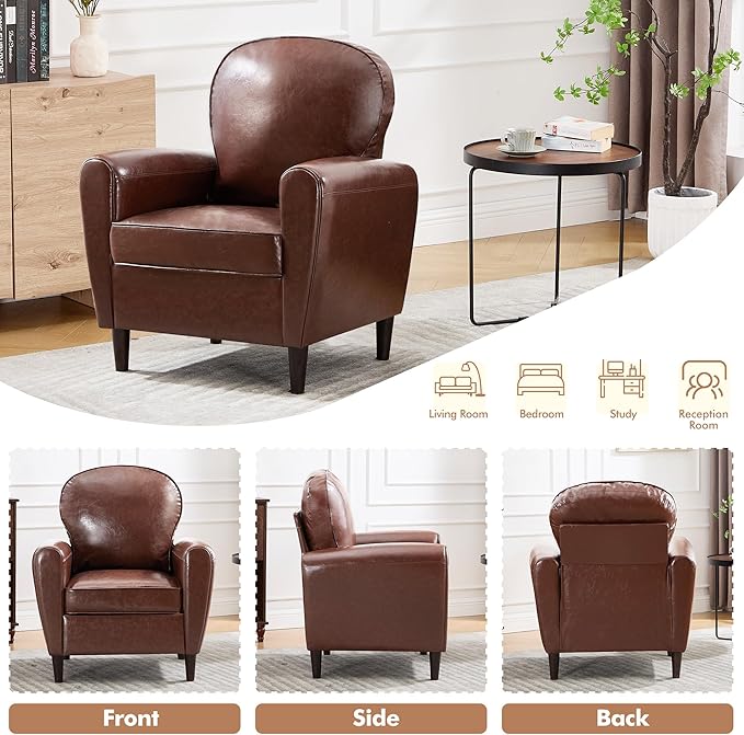 Mid Century Accent Chair, Modern Faux Leather Arm Chair, Comfy Upholstered Reading Chairs Single Sofa Chair for Living Room, Bedroom, Club, Brown