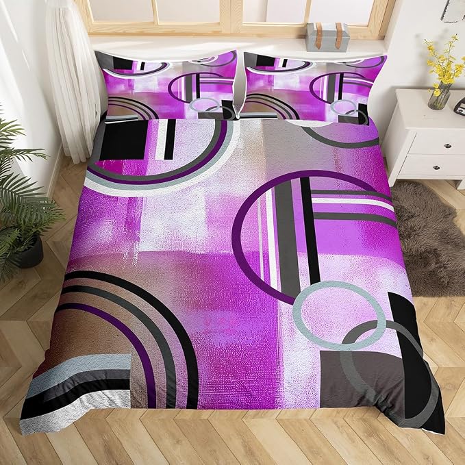 Erosebridal Ombre Purple Grey Comforter Cover King, Oil Painting Circles Duvet Cover Bedroom Decor,Modern Geometric Stripes Lines Bedding Set,Abstract Grunge Artwork Quilt Cover 3 Pcs with Zipper