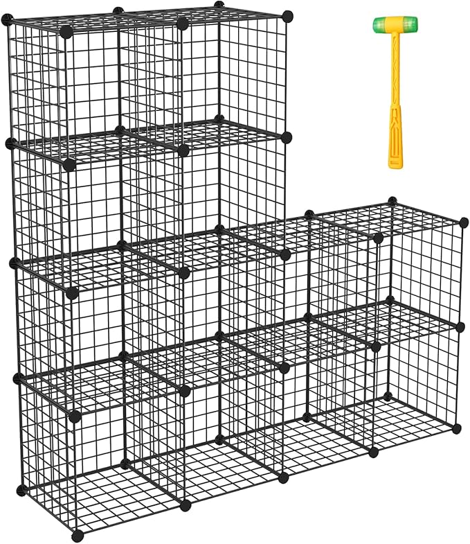 Wire Storage Cubes, Metal Storage Shelves Bookshelf, Stackable Modular Closet Organizer for Bedroom Living Room, Office, Black (12 Cubes, Iron)
