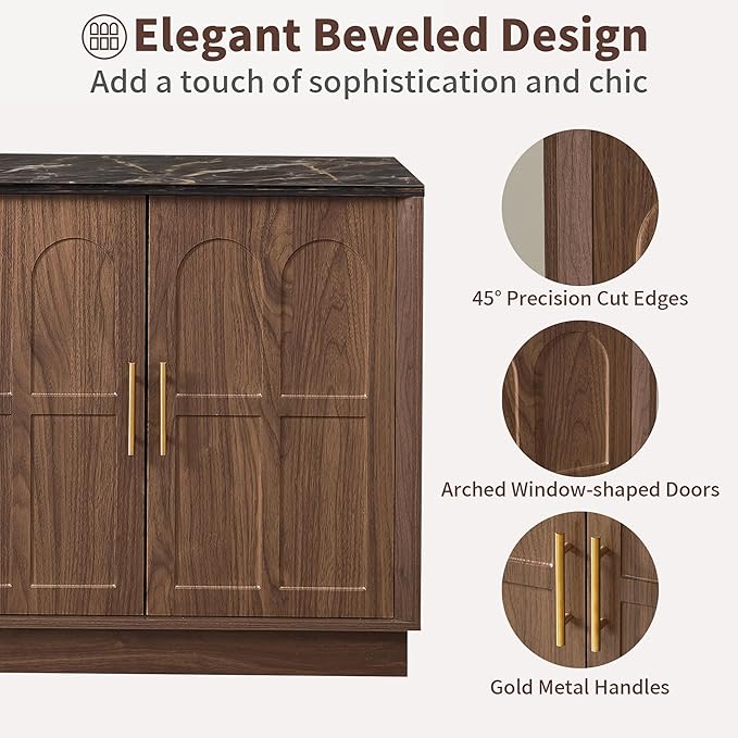 66.5" Sideboard Buffet Cabinet with Storage, Modern Credenza with Faux Marble Top & Arched Doors, Large Wood Accent Cabinet for Living Room, Kitchen, Entryway