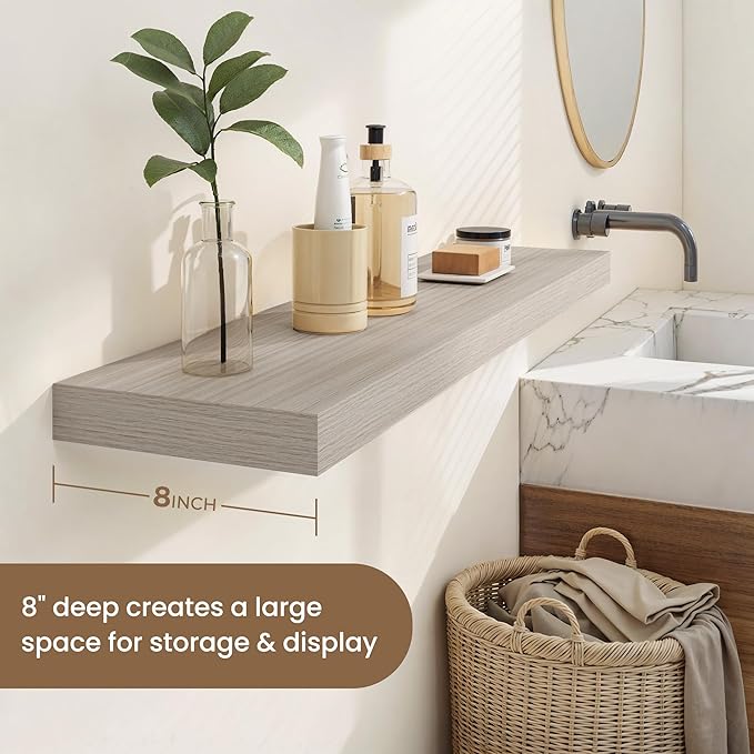 Dreamland 48 Inches Floating Shelves for Wall, 8" Deep Long Floating Shelves Set of 1, Large Display & Storage Shelf, Wall Shelf for Bathroom Bedroom Living Room Kitchen Office, Grey