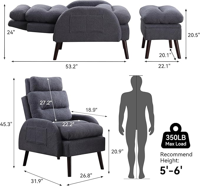 HCHAIRH Accent Chair with Ottoman, Comfy Reading Chair with Ottoman Set, Modern Oversized Velvet Lounge Armchair with Adjustable Backrest for Living Room Bedroom (Teddy Blue Grey)