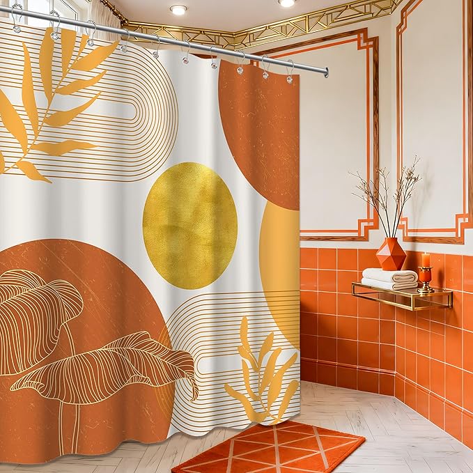 Orange and Gold Shower Curtain Burnt Orange White Shower Curtains for Bathroom Decor Boho Mid Century Bath Curtain Set, Waterproof Fabric with Hooks 60 x 72 Inch