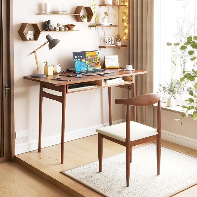 Solid Wooden Desk with Open Storage Cubby - 47.2” Mid Century Modern Desk, Writing Desks for Small Spaces, Rubber Wood Study Table, Home Office Computer Desks for Bedroom & Home, Walnut Color