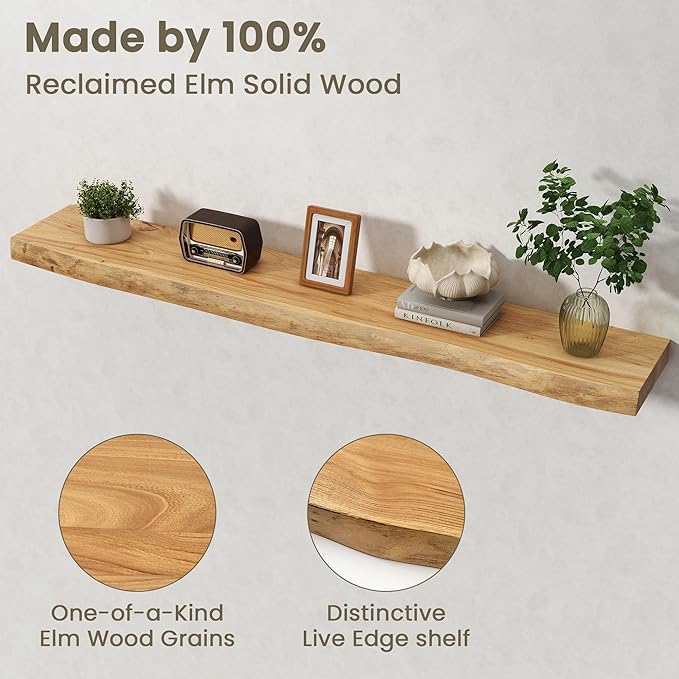 Fun Memories Floating Shelves for Wall Decor Set of 1-55 Inch Solid Elm Wood Live Edge - Rustic Natural Wall Shelves with Invisible Brackets - for Living Room, Bedroom, Kitchen - Natural Finish