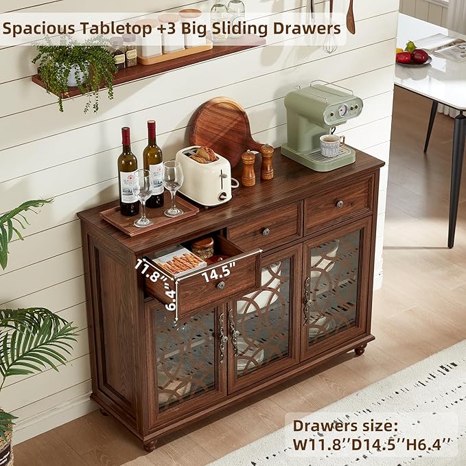 Farmhouse Sideboard Buffet Cabinet with Storage,48" Large Credenza with 3 Glass Doors & 3 Drawers,Adjustable Shelves Console Table,Wood Kitchen Coffee Bar for Dining Room,Living Room,Brown