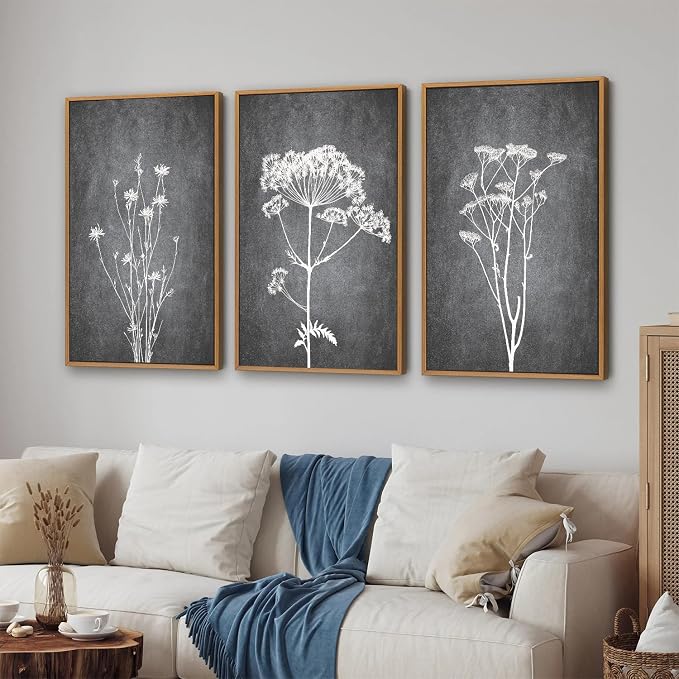 Tinonedraw Black and White Floral Framed Canvas Wall Art Set, Vintage Flower Wall Decor, Dark Academia Minimalist Botanical Art Paintings, Wildflower Art Print for Living Room Bedroom Office 16"x24"x3