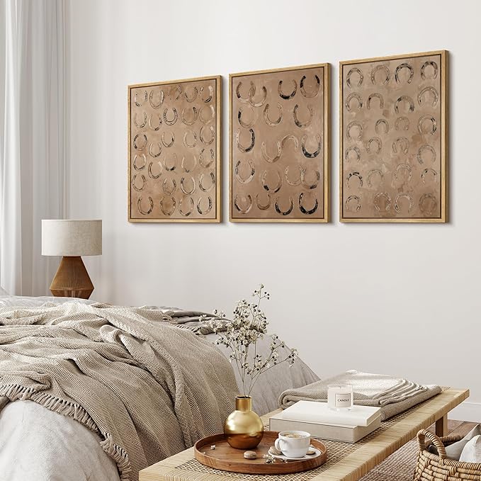 MUDECOR Framed Wall Art Print Set Western Decor Horseshoes Pattern Rustic Neutral Illustrations Modern Art Boho Decorative Colorful Chic for Living Room, Bedroom, Office - 24"x36"x3 NATURAL
