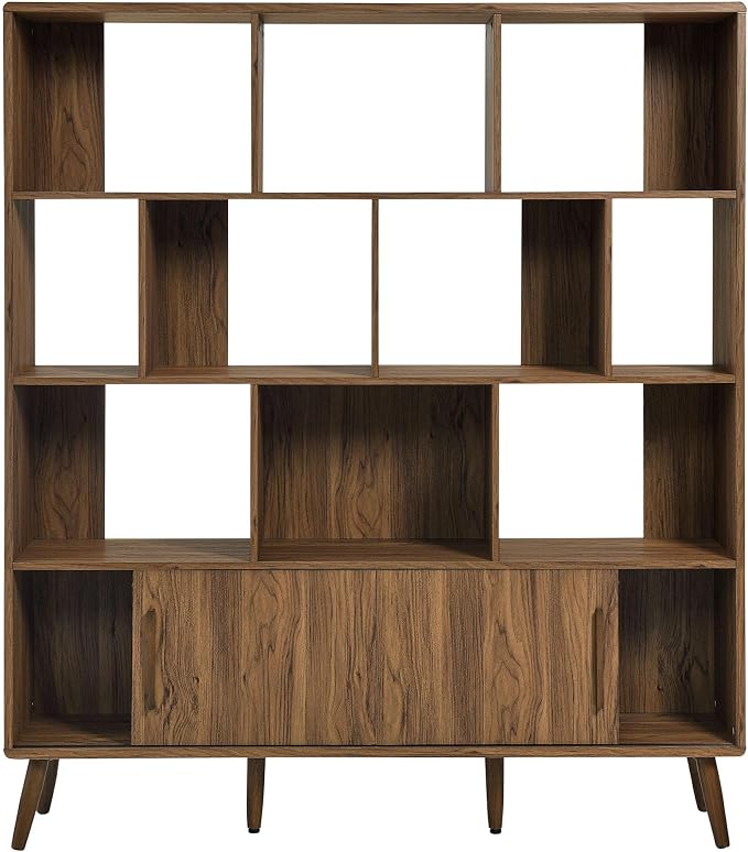 Modway Transmit 14 Shelf Bookcase with Sliding Doors in Walnut - 59 Inch Wood Mid-Century Modern Bookshelf - 4 Tier Wide Open Display Storage Cabinet for Living Room, Office, Hallway