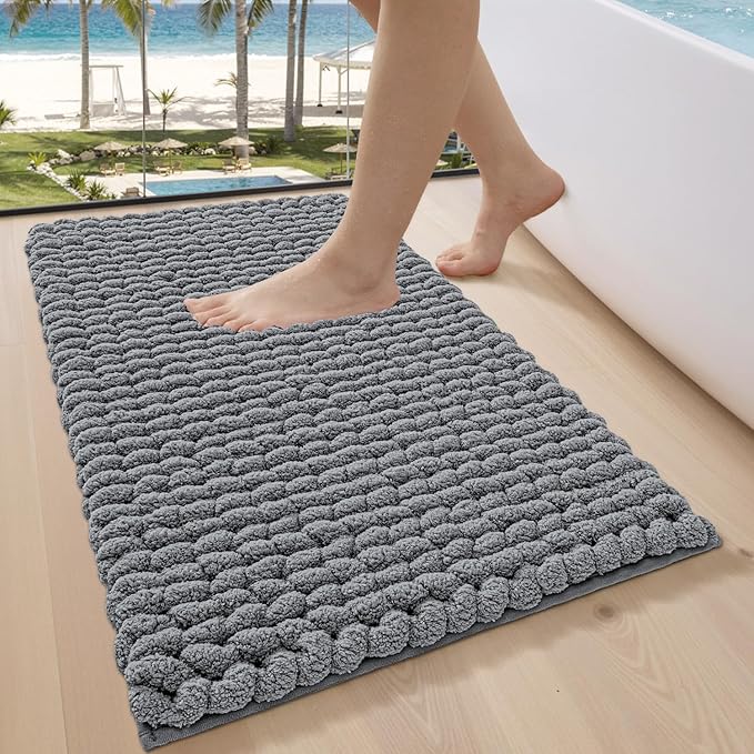 LUMI Luxury Bathroom Rug, Ultra Soft Quick Dry Bath Mat, Non-Slip Absorbent Thick Chenille Bath Rug, Cozy Braid Design Floor Mat for Bathtub, Sink, Laundry, Bedroom, Grey, 17"x30"