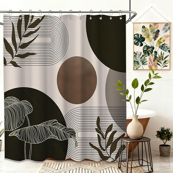 Brown and Beige Shower Curtain Light Brown Tan Taupe Boho Mid Century Modern Shower Curtains for Bathroom Decor MCM Mens Cool Bath Curtain Set, Waterproof Fabric with Hooks 70 x 84 Inch