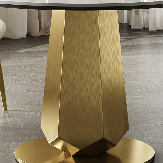 Montary 53 inch Luxury Round Dining Table Set with Sintered Stone Top & Gold Stainless Steel Base, Modern 5-Piece Kitchen Set for 4-8 People, Dining Table with 4 White PU Chairs, Easy Assembly