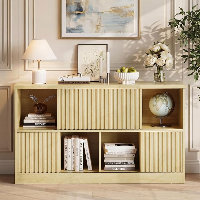 Einhomn 8 Cube Storage Organizer with Sliding Doors, Modern Fluted Bookshelf with Storage Cabinet, Wooden Bookcase with 4 Open Shelves for Living Room, Home Office, Bedroom, Natural