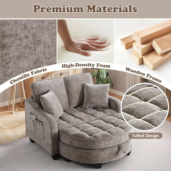 Oversized Chaise Lounge Chair Indoor with Ottoman, Chenille Tufted Comfy Loveseat Sofa Chair with Adjustable Backrest, Fluffy Recliner Sofa, Convertible Couch Sleeper Bed for Living Room(51"W, Brown)