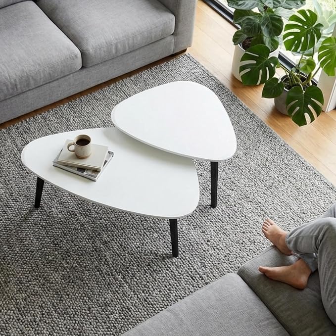 Nesting Coffee Table Set of 2-Mid Century Modern Wooden Coffee Table,Guitar Pick Stacking Tables with Solid Wood Legs,Small Coffee Tables for Small Spaces,Living Room,Apartment (White)