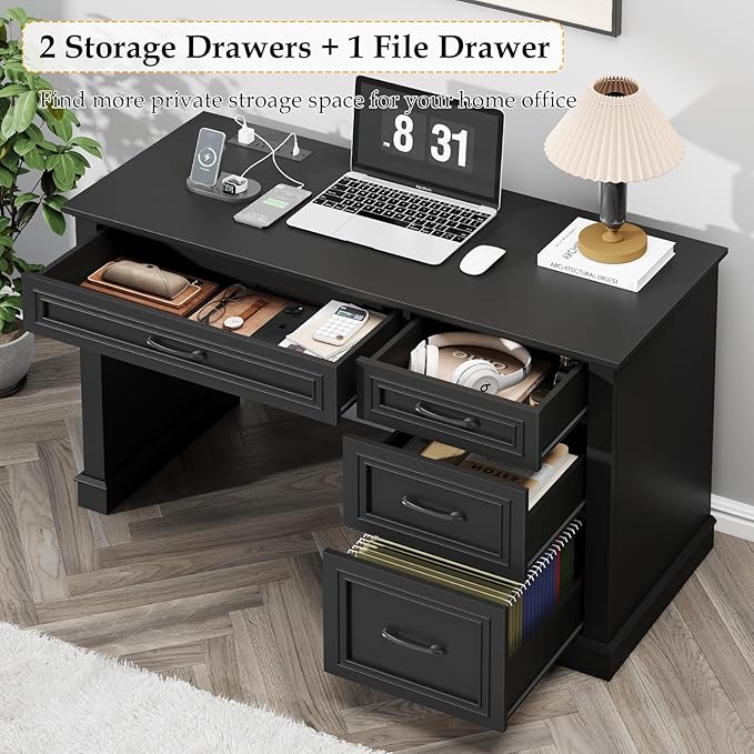 Vabches Farmhouse 47" Executive Desk, Computer Desk with Drawers and File Drawer, Workstation Computer Desk with Charging Station for Home Office, Study,（Pure Black