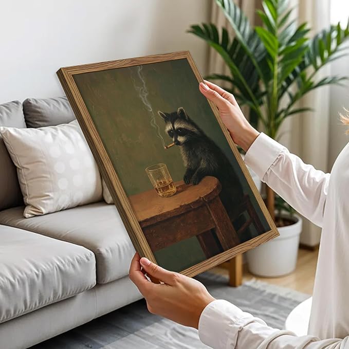 Framed Vintage Raccoon Wall Art, Moody Raccoon Canvas Prints, Funny Dark Academia Animal Poster, Classic Oil Painting Style Artwork, Whimsical Wall Decor for Living Room Bedroom Office 12x16in