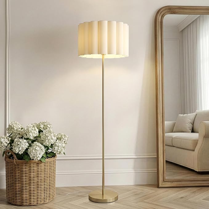 Brightech Estelle LED Floor lamp - 65” Tall Standing Floor Lamp - Modern Scalloped Cotton Shade for Boho, Mid-Century, Contemporary Decor - Warm Light for Living Room, Bedroom Office - Gold Brass