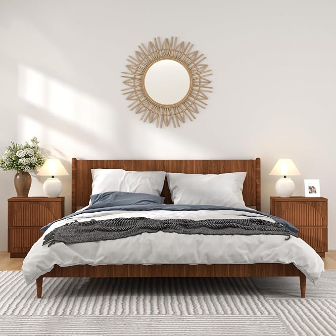 Nightstand with Drawers Set, 2-Drawer Arched Fluted Nightstand with Charging Station, Wooden Night Stand with Storage,Modern Furniture for Bedroom Organization,Walnut