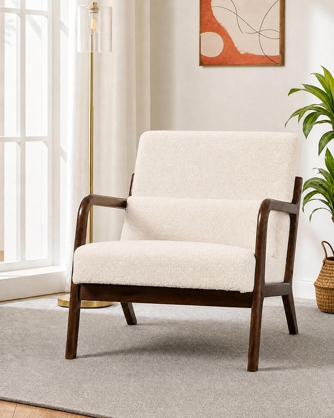 Garvee Mid-Century Modern Accent Chair, Sherpa Upholstery, Solid Wood Armchair with Removable Lumbar Pillow, Sturdy Reading Chair for Living Room, Bedroom, Guest Room, Easy Assembly, Beige