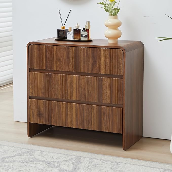 Fluted 3 Drawer Dresser for Bedroom,Mid Century Modern Wide Chest of Drawer,Curved Edge Wood Closet Dresser Nightstand for Bedroom Living Room Hallways (Walnut, Wide 3 Drawer)
