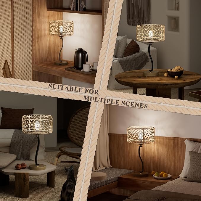 N11-2 Large Rattan Boho Table Lamp, 23" Bohemian Decor Light with USB-A & Type-C Charging Ports, Touch Control 3-Way Dimmable Farmhouse Lamp for Nightstand, Bedroom, Living Room(Bulb Included)
