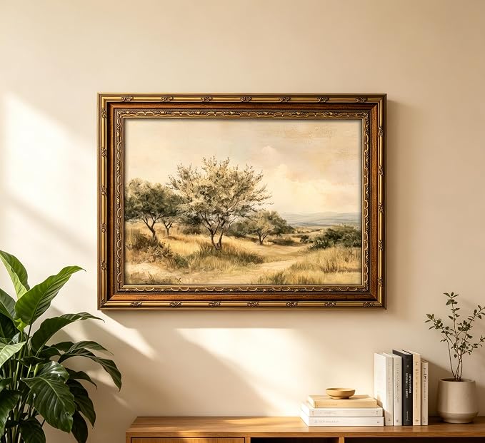 Vintage Gold Framed Olive Tree Landscape Wall Art - Retro Country Farmhouse Canvas Prints, Rustic Nature Scene Painting Prints Artwork for Living Room Bedroom Dining Room Decor，9x11in