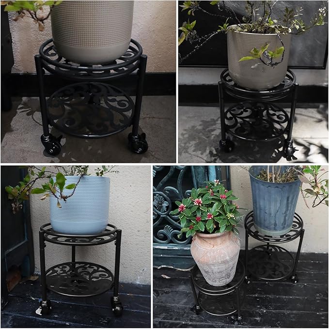 2 Tier Rolling Plant Stand with Wheels, Mid Century Modern Metal Stand for Planters, 2 Sizes 9 Inch & 11 Inch, Indoor Outdoor Movable Flower Pot Holder for Decor Home Garden Patio Load Bearing 165 LB 2 Pack Black