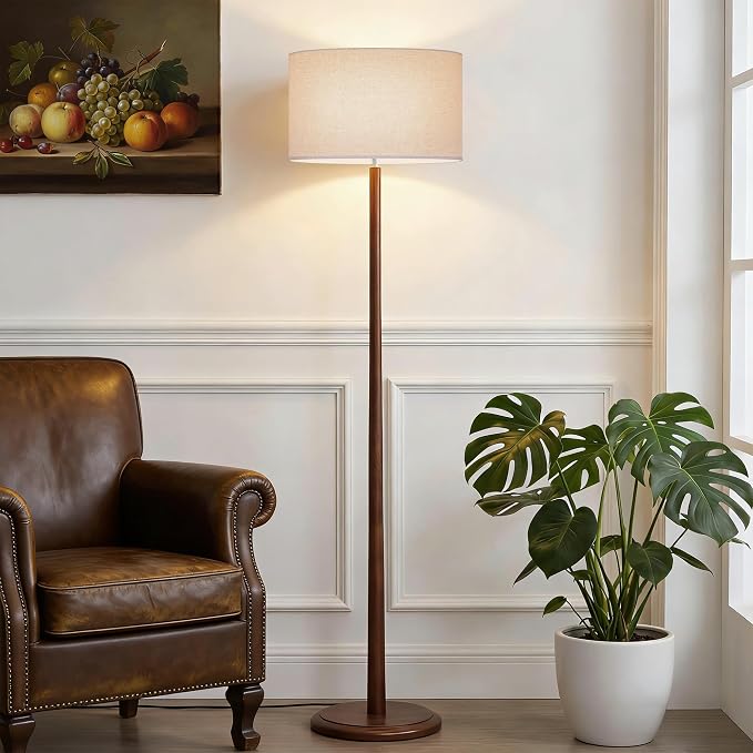 61" Rustic Walnut Wood Floor Lamp, Mid Century Standing Tall Lamp with Linen Shade, Retro Farmhouse Lighting for Home Living Room, Bedroom, Dining Room, UL listed, E26 Base (Bulb Not Included), Cream