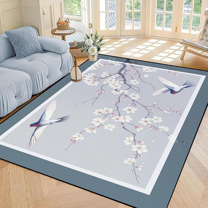 Cherry Blossom Area Rug 3D Swallow Sakura Floral Rugs for Entryway Bedroom Living Room Kitchen Home Decor Soft Non Slip Indoor Carpet Washable Low Pile Floor Mat,5'x7'