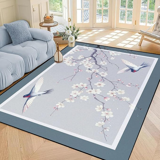 Cherry Blossom Area Rug 3D Swallow Sakura Floral Rugs for Entryway Bedroom Living Room Kitchen Home Decor Soft Non Slip Indoor Carpet Washable Low Pile Floor Mat,5'x7'