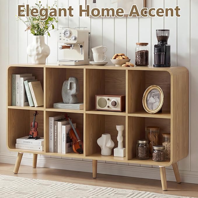 YOSHOOT 8 Cube Bookshelf - 46.5" Wood Cube Bookcase with Legs, Open Cubby Bookshelves with Curved Profile Design for Bedroom, Living Room,Home Office, Nature