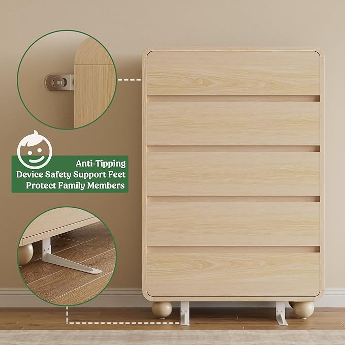 Lulive Wood Dresser for Bedroom, 41” Tall Chest of Drawers with 5 Drawers, Modern Closet Storage Drawer with Curved Profile Design for Living Room, Hallway, Entryway, Natural