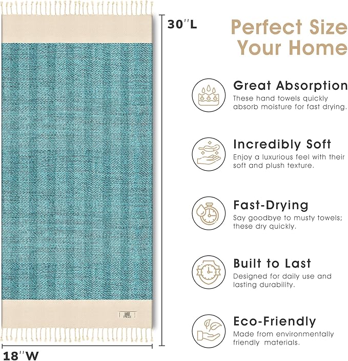Hand Towels - Set of 2 | 18" x 30" - Decorative Turkish Hand Towel for Bathroom, Kitchen, Guest, Face, Hair, Tea, Dishcloth (Herringbone, Turquoise)