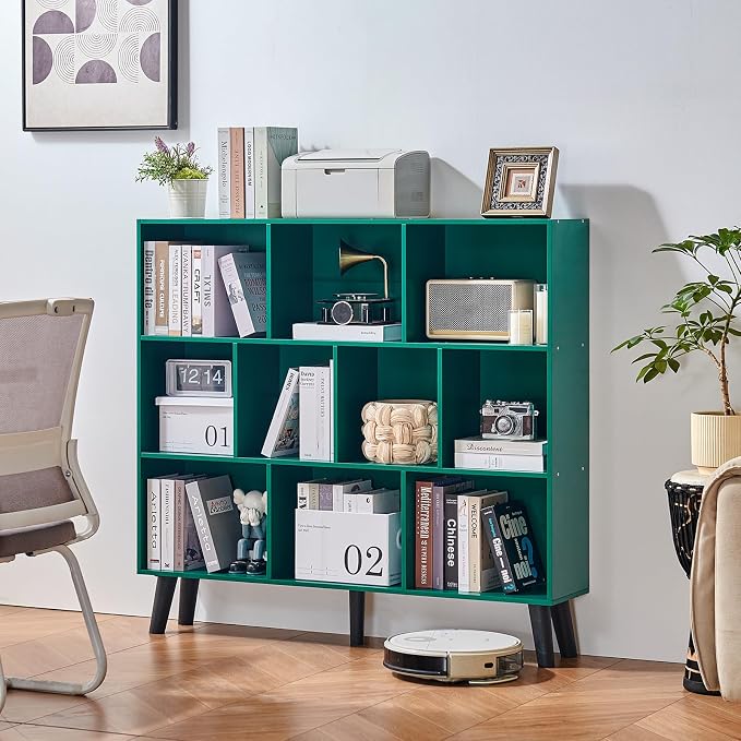 LEYAOYAO 10 Cube Bookshelf,3 Tier Modern Wide Bookcase with Legs,Mid-Century Wood Bookshelves Storage，Dark Green Large Book Case,Freestanding Organizer Display Shelf for Bedroom,Living Room,Office