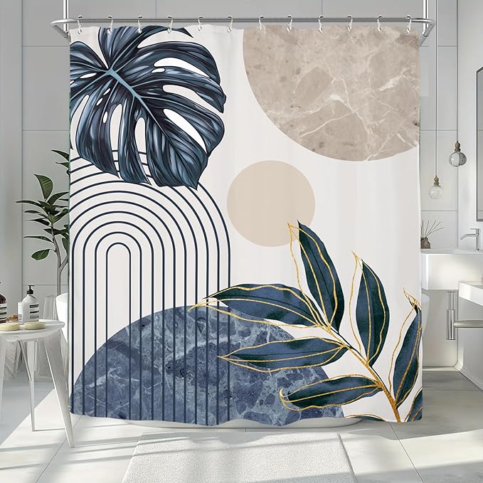 Miyotaa Abstract Blue Shower Curtain Set 60Wx71H Inches Minimalist Aesthetic Modern Contemporary Plant Leaves Neutral Monstera Polyester Waterproof Cloth Bathroom Curtain with 12 Hooks