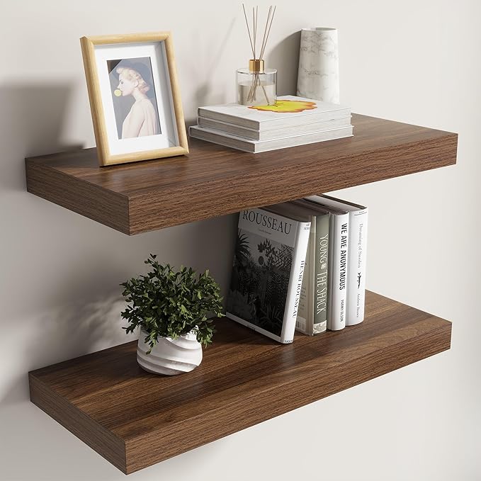 Dreamland Floating Shelves for Wall,8 Inch Deep Floating Shelves,24" W x 8" D Wall Shelves for Bedroom, Living Room, Kitchen, Bathroom,Walnut,Set of 2