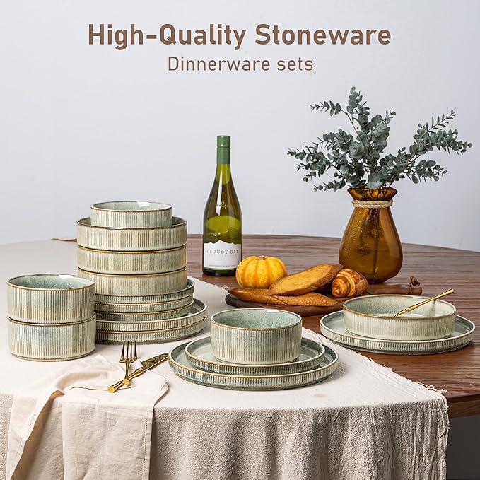 GBHOME 18-Piece Stoneware Dinnerware Set for 6 – Ribbed Ceramic Plates and Bowls, Scratch-Resistant, Microwave & Dishwasher Safe, Reactive Glaze, Desert Sage