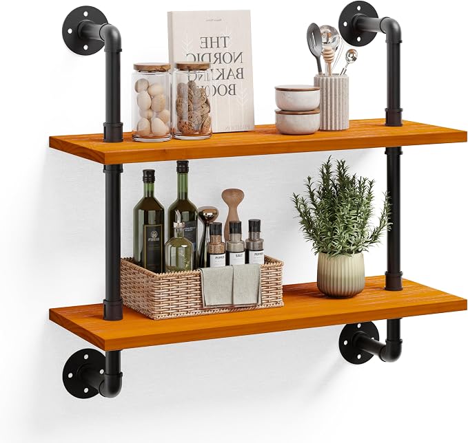 HDDFER Bathroom Floating Shelves for Wall - Industrial Pipe Shelving Shelves Wall Mounted Shelf Over Toilet 24" Farmhouse Home Decor Display Bookshelf Set of 2,Oak