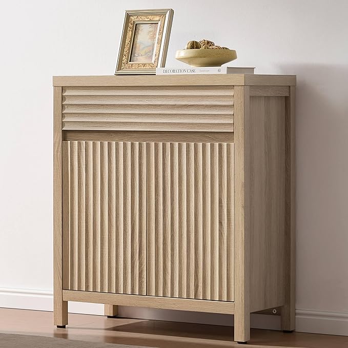 SICOTAS Sideboard Buffet Cabinet with Drawer - Fluted Sideboard Modern Credenza with Doors & Adjustable Shelves, Farmhouse Coffee Bar Media Console for Living Room Kitchen Entryway, Light Oak