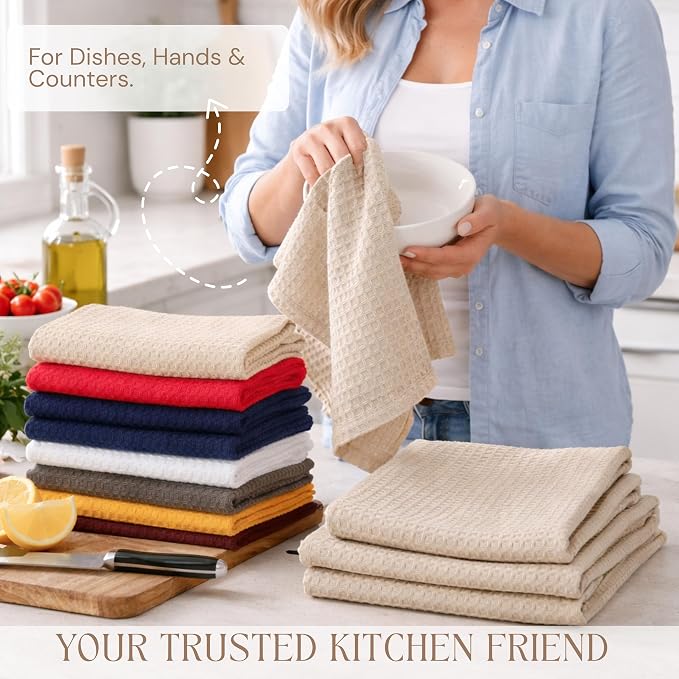 Beige Kitchen Dish Towels Set of 4-100% Cotton Waffle Weave, Super Absorbent, Soft, Quick Drying, 16x26 Inches, Ideal for Cleaning, Bar, Tea, and Everyday Use, Tan